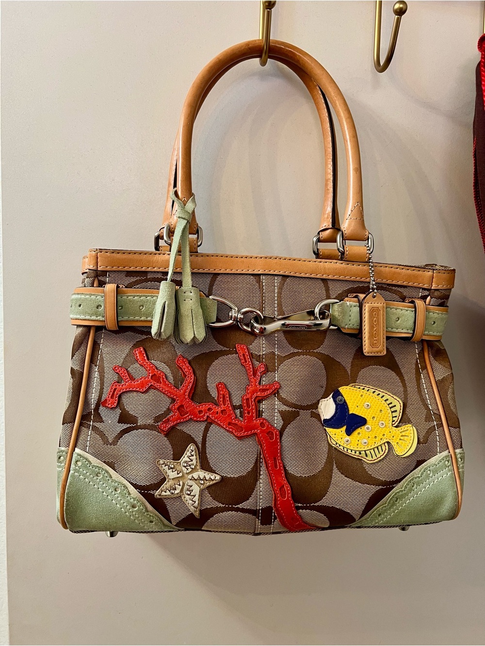 Coach Monogram Vintage Coach Fish and Coral Appliqué Satchel Handbag